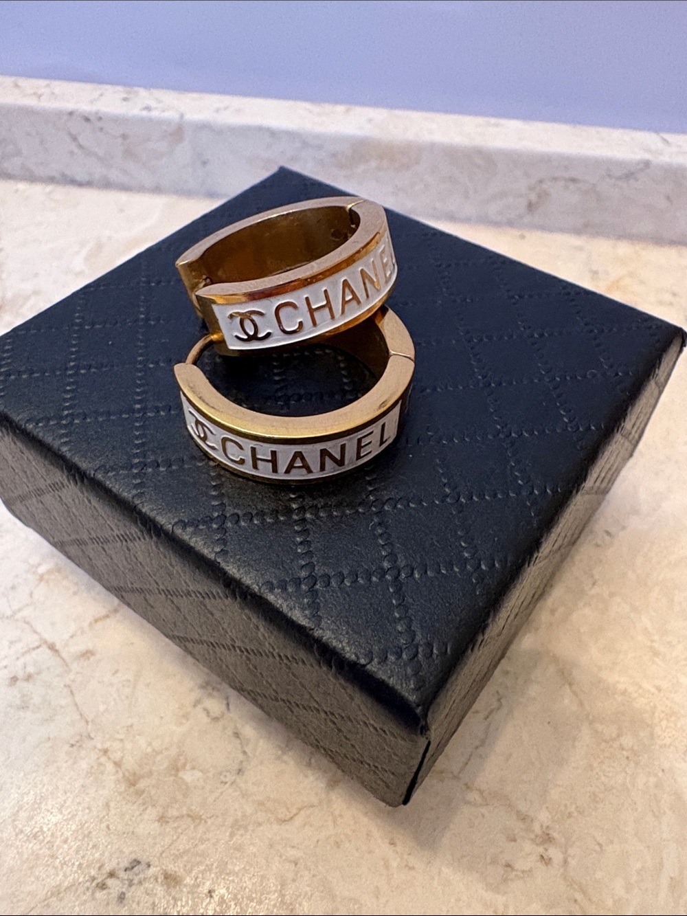 Chanel New Stainless Steel 
stamped double C Huggie/Cuff
Hoop Earrings gold